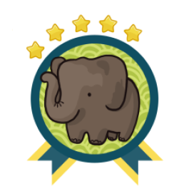 Green and blue award badge with an Asian elephant in the center, and with five gold stars above the award.