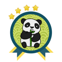 Green and blue award badge with a Giant Panda in the center, and with four gold stars above the award.