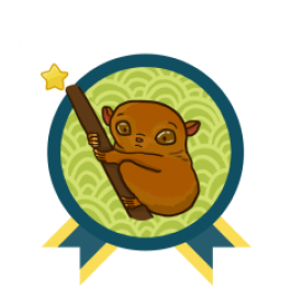 Green and blue award badge with a brown Phillipines Tarsier in the center, and with one gold star above the award.