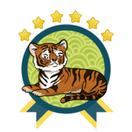 Green and blue award badge with a Bengal Tiger in the center, and with all six gold star above the award.