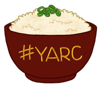 A maroon-red bowl of rice with spring onion/scallions on top. Bowl has text that reads: #YARC. 