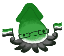 Green, white, and grey squid wearing rectangular glasses, holding the aromantic flag, and smiling at you.