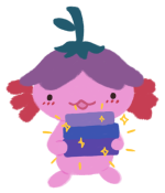 Illustration of Xiaolong the pink axolotl, wearing an upside down flower hat, holding a stack of sparkling books.