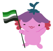 Xiaolong the pink axolotl, wearing an upside down flower hat, waving at you and holding an aromantic flag (five horizontal stripes: dark green, light green, white, grey, black).