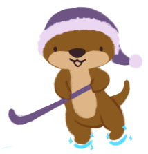 Cuddle the Otter, wearing her pajama cap, holding a hockey stick and wearing magical ice skates.