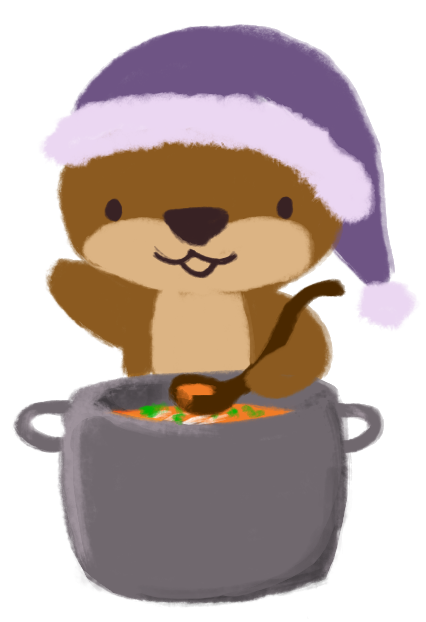 Cuddle the otter, wearing a pajama cap, is holding a ladle with a pot of orange-coloured soup in front of her.