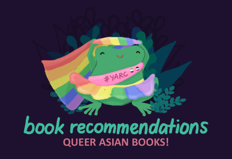 Text: Book recommendations, queer Asian characters. Image: Varian the toad, wearing a rainbow skirt and holding a rainbow flag over their head, smiling.