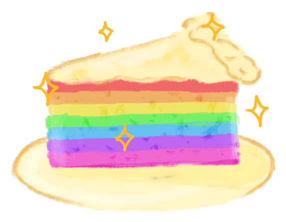 An illustration of a rainbow cake on a plate.