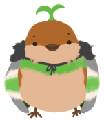 Sprout the sparrow, wearing an agender-coloured cape (dark grey, grey, white, green, white, grey) with a little green sapling on their head.