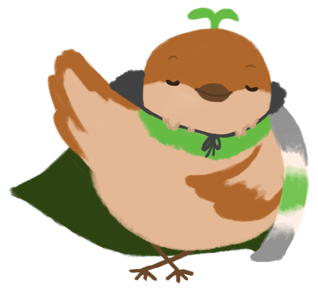 Sprout the sparrow, doing a curtsy with their eyes closed and a smile on their face. Their cape swooshes in the wind with their arm extended in their curtsy.