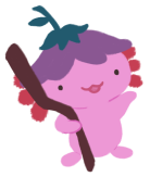 Xiaolong, the pink axolotl, wearing a purple flower hat and holding a brown staff.