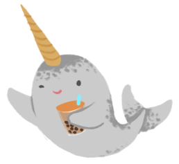 An illustration of Emery Lee as a smiling and winking narwhal, with one fin up like ey're saying hello and another fin holding a cup of boba or bubble tea.