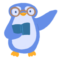 Illustration of Hena Khan as a blue penguin, holding a book and wearing glasses, with one flipper held up in a wave.