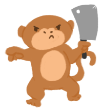 Illustration of an unimpressed monkey, pointing at the view, holding up a cleaver menancingly.