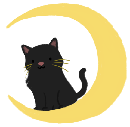 Illustration of a black cat, sitting atop a crescent moon.