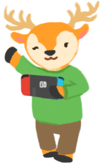 An illustration of a deer wearing a green jumper, waving at you, and holding a Nintendo Switch. 