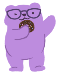 An illustration of Alechia Dow as a purple bear wearing glasses and holding a chocolate donut.