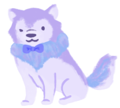 A pond-sona of Kacen Callender, a purple wolf with blue highlights, wearing a bowtie.