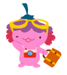 Xiaolong the axolotl, wearing big glasses on her head, holding a suitcase, and a camera around her neck.