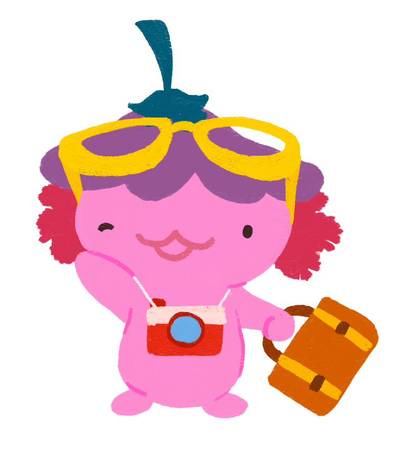 Xiaolong the axolotl, wearing big glasses on her head, holding a suitcase, and a camera around her neck.