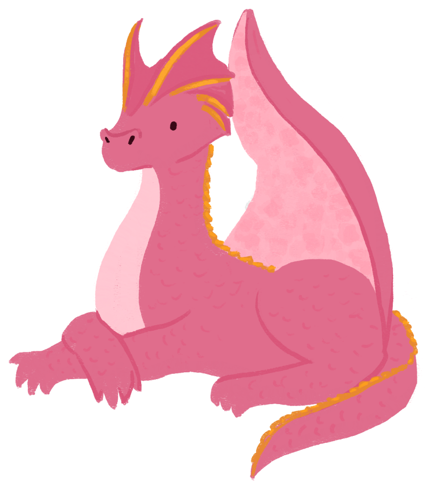 An illustration of Amparo Ortiz as a pink dragon with golden horns, sitting down and crossing her forearms.