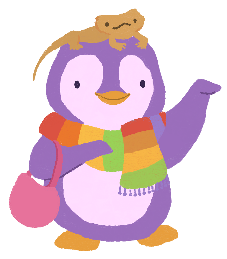 Diana Pinguicha as a purple and pink penguin, waving at you, wearing a rainbow scarf, holding a pink handbag, and a bearded dragon sitting atop her head.