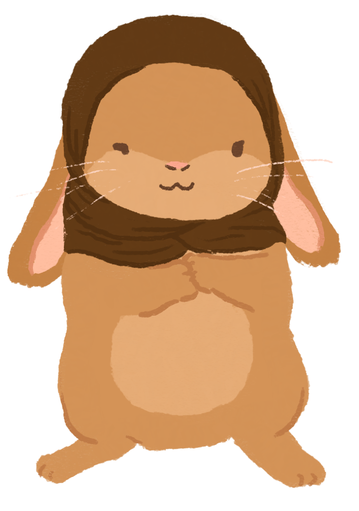 An illustration of a tan-coloured bunny wearing a brown hijab.