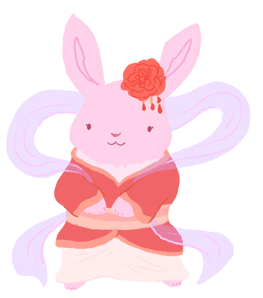 An illustration of a pink bunny, wearing Chinese celestial robes.