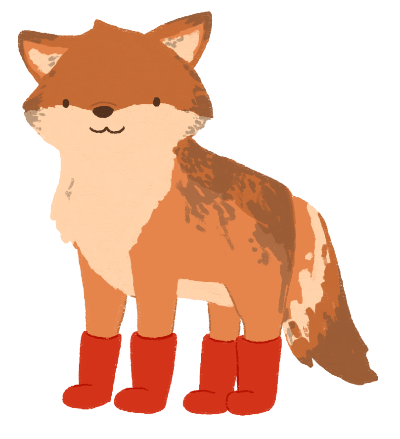 An illustration of a Coyote, smiling, wearing red wellington boots.